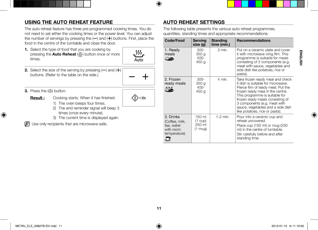 Samsung ME76V-BB/XEO, ME76V-BB/ELE manual Using the Auto Reheat Feature, Auto Reheat Settings 