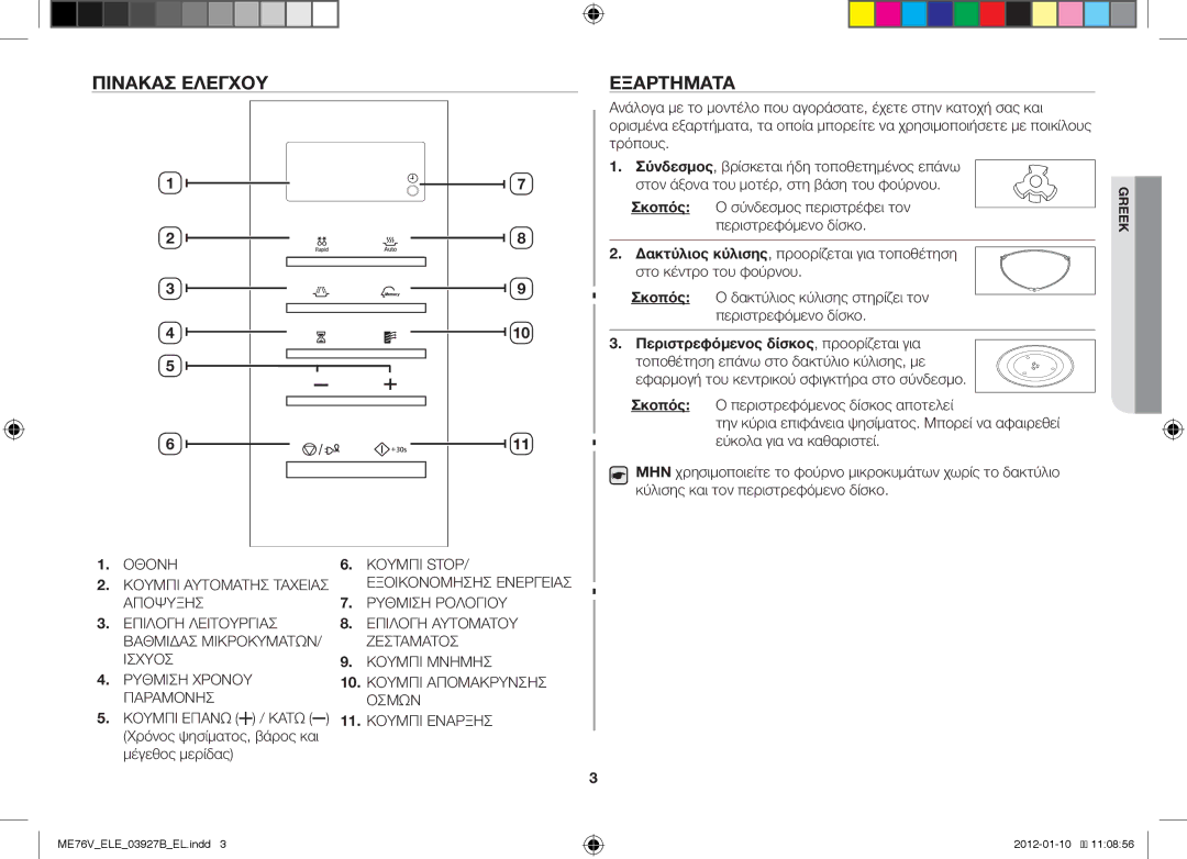 Samsung ME76V-BB/XEO, ME76V-BB/ELE manual Πίνακασ Ελέγχου, Εξαρτήματα 