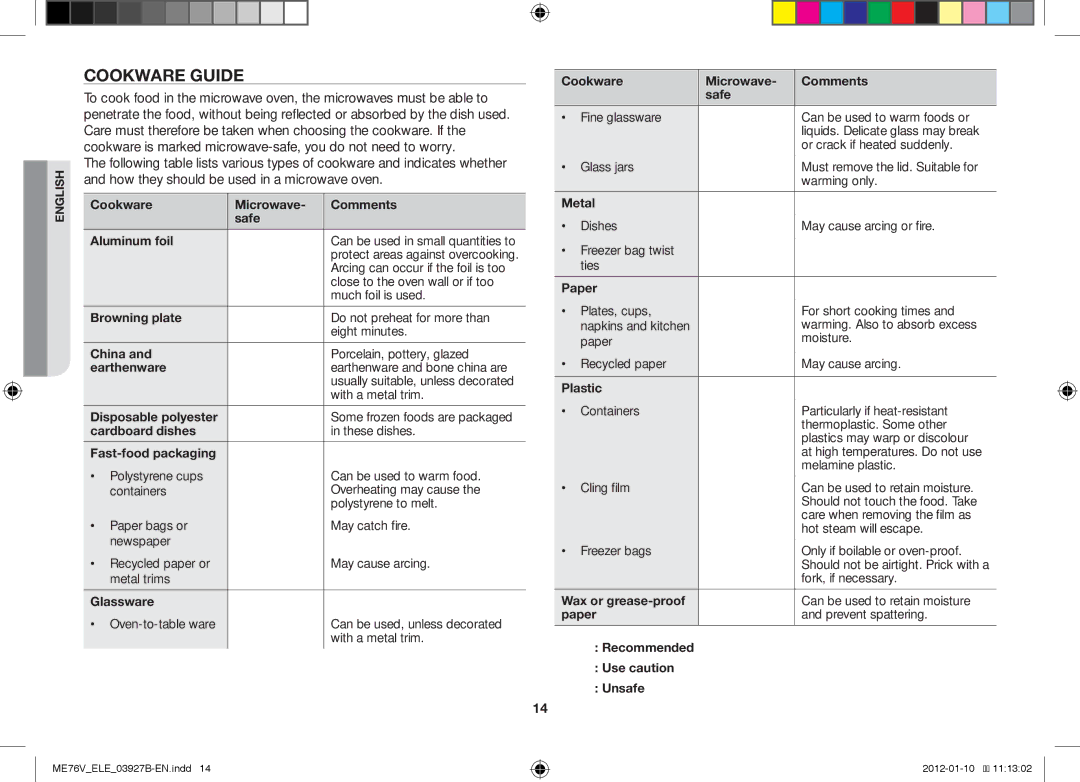 Samsung ME76V-BB/ELE, ME76V-BB/XEO manual Cookware Guide 