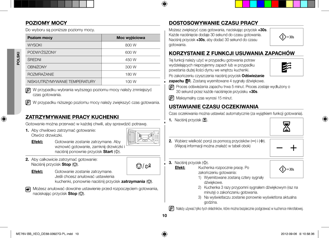 Samsung ME76V-BB/ELE Poziomy Mocy, Zatrzymywanie Pracy Kuchenki, Dostosowywanie Czasu Pracy, Ustawianie Czasu Oczekiwania 