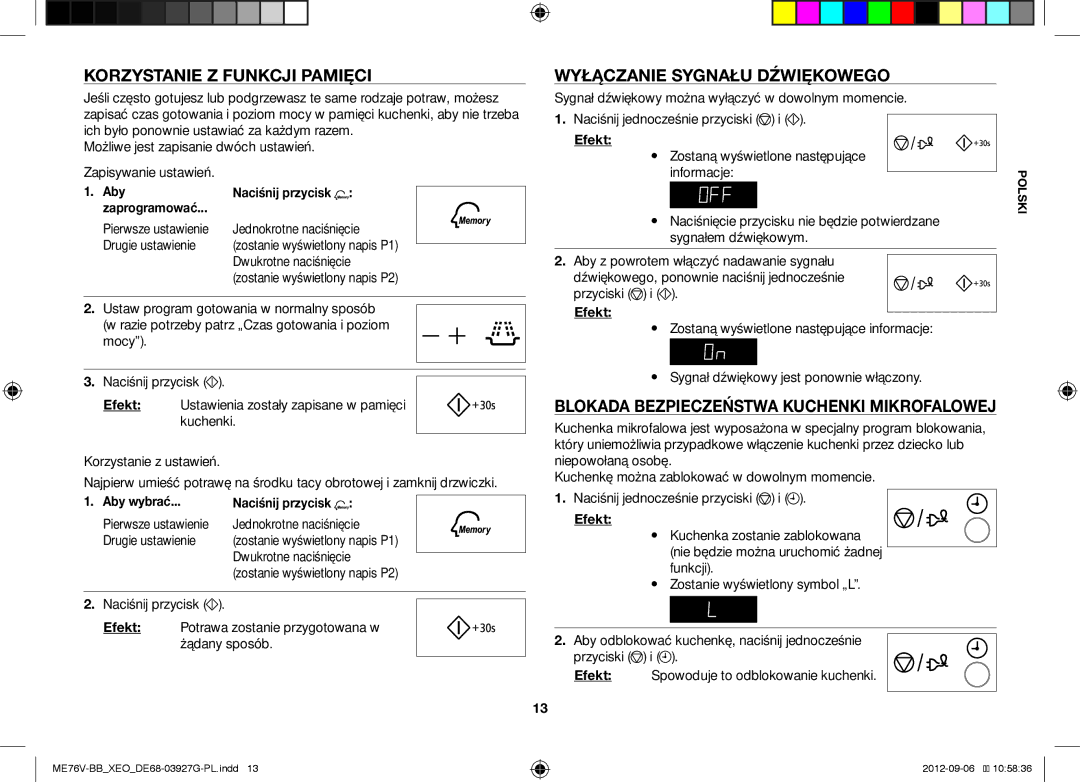 Samsung ME76V-BB/XEO Korzystanie Z Funkcji Pamięci, Wyłączanie Sygnału Dźwiękowego, Aby Naciśnij przycisk Zaprogramować 