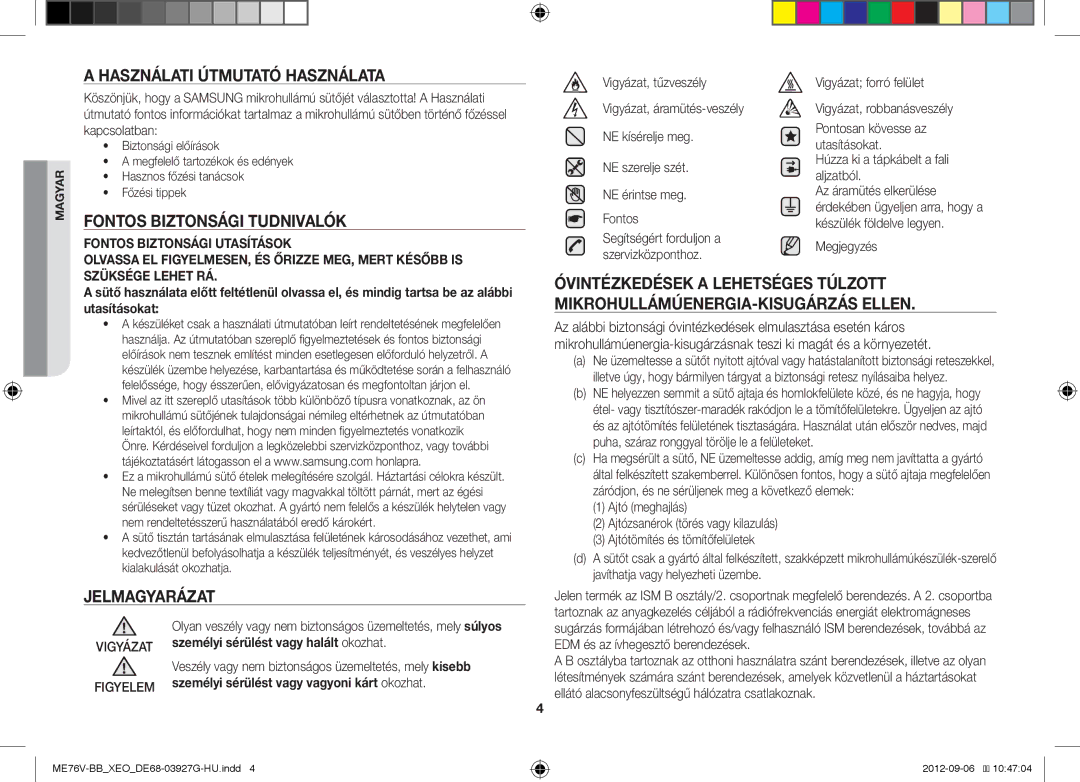 Samsung ME76V-BB/ELE, ME76V-BB/XEO manual Használati Útmutató Használata, Fontos Biztonsági Tudnivalók, Jelmagyarázat 