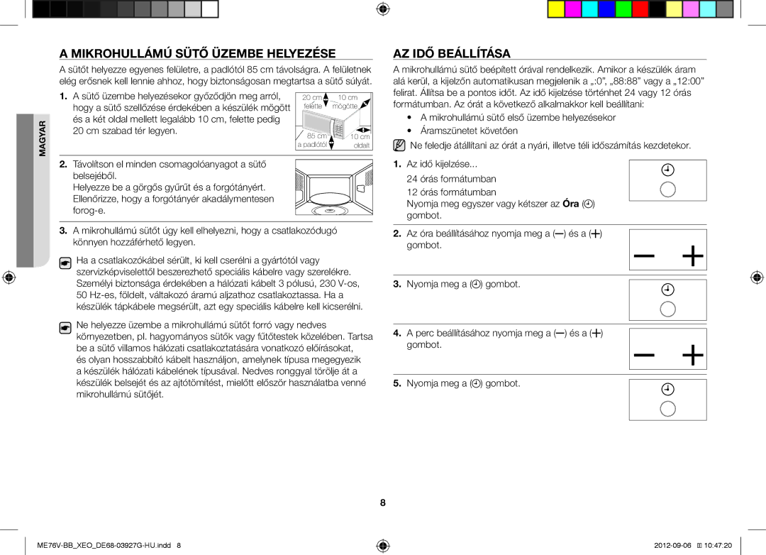 Samsung ME76V-BB/ELE, ME76V-BB/XEO manual Mikrohullámú Sütő Üzembe Helyezése, AZ IDŐ Beállítása 