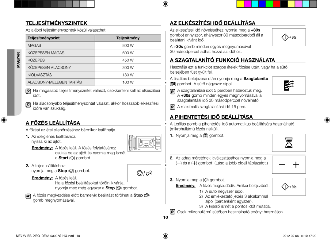 Samsung ME76V-BB/ELE Teljesítményszintek, Főzés Leállítása, AZ Elkészítési IDŐ Beállítása, Szagtalanító Funkció Használata 