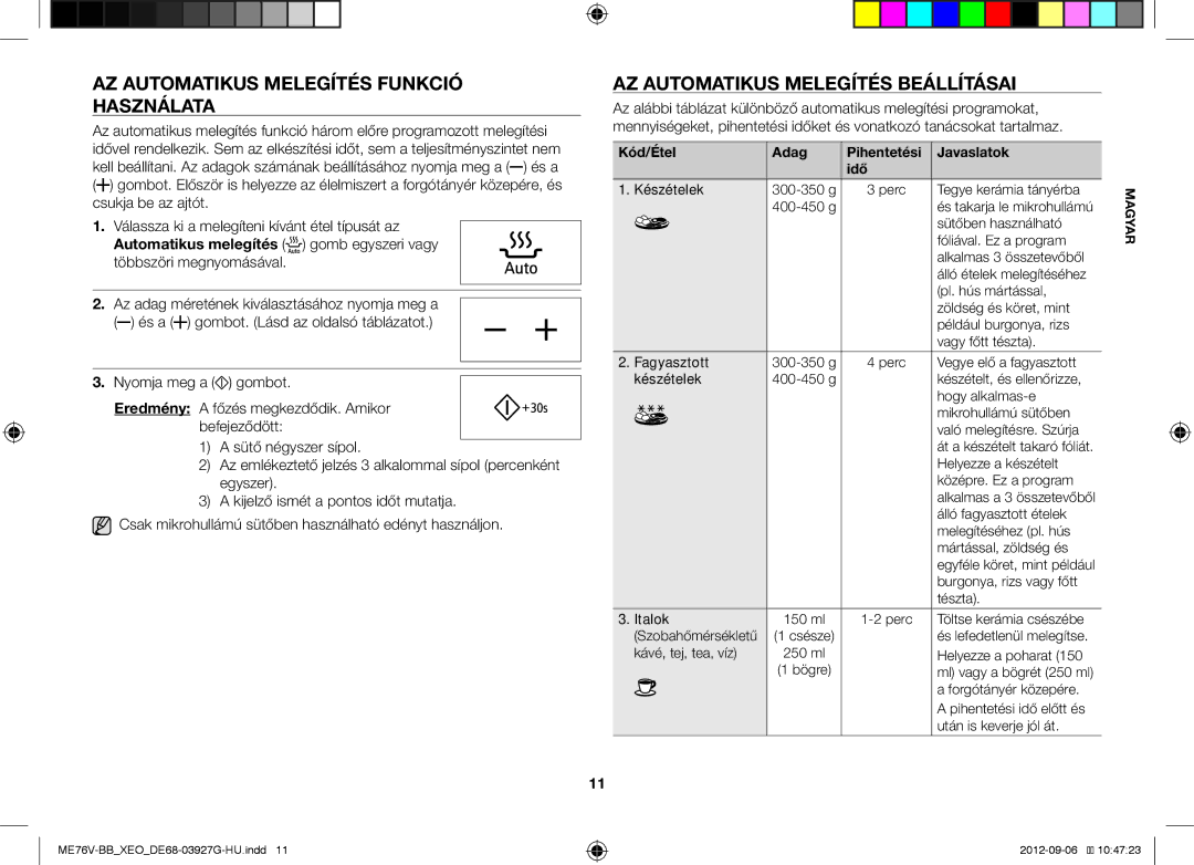 Samsung ME76V-BB/XEO, ME76V-BB/ELE manual AZ Automatikus Melegítés Funkció Használata, AZ Automatikus Melegítés Beállításai 