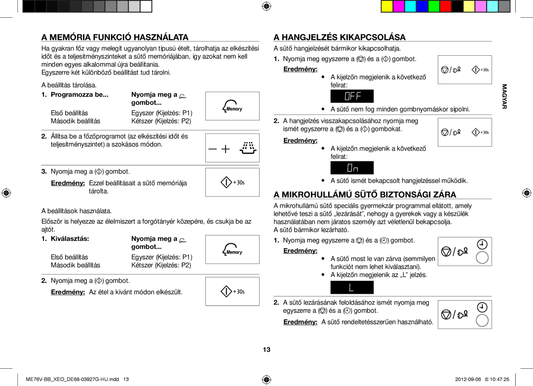 Samsung ME76V-BB/XEO, ME76V-BB/ELE Memória Funkció Használata, Hangjelzés Kikapcsolása, Mikrohullámú Sütő Biztonsági Zára 