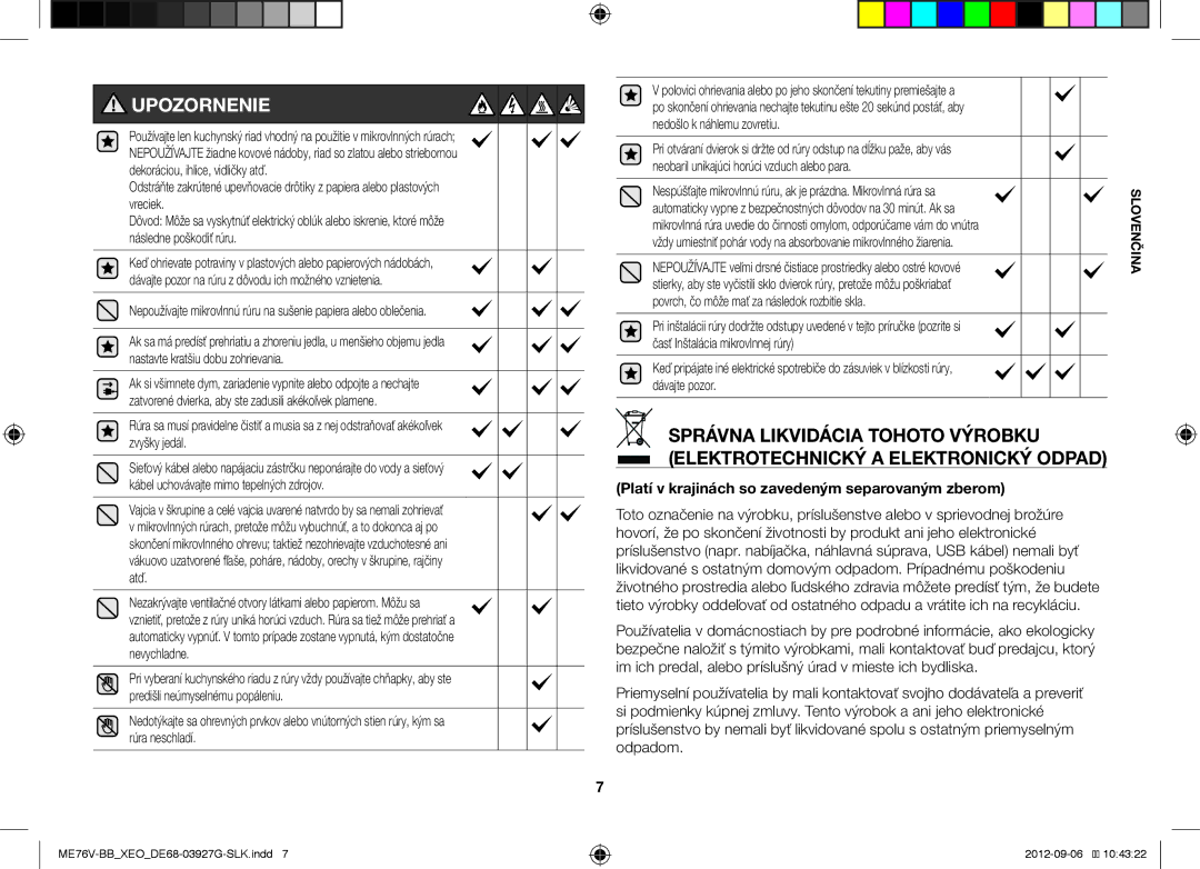 Samsung ME76V-BB/XEO, ME76V-BB/ELE manual Upozornenie, Platí v krajinách so zavedeným separovaným zberom 