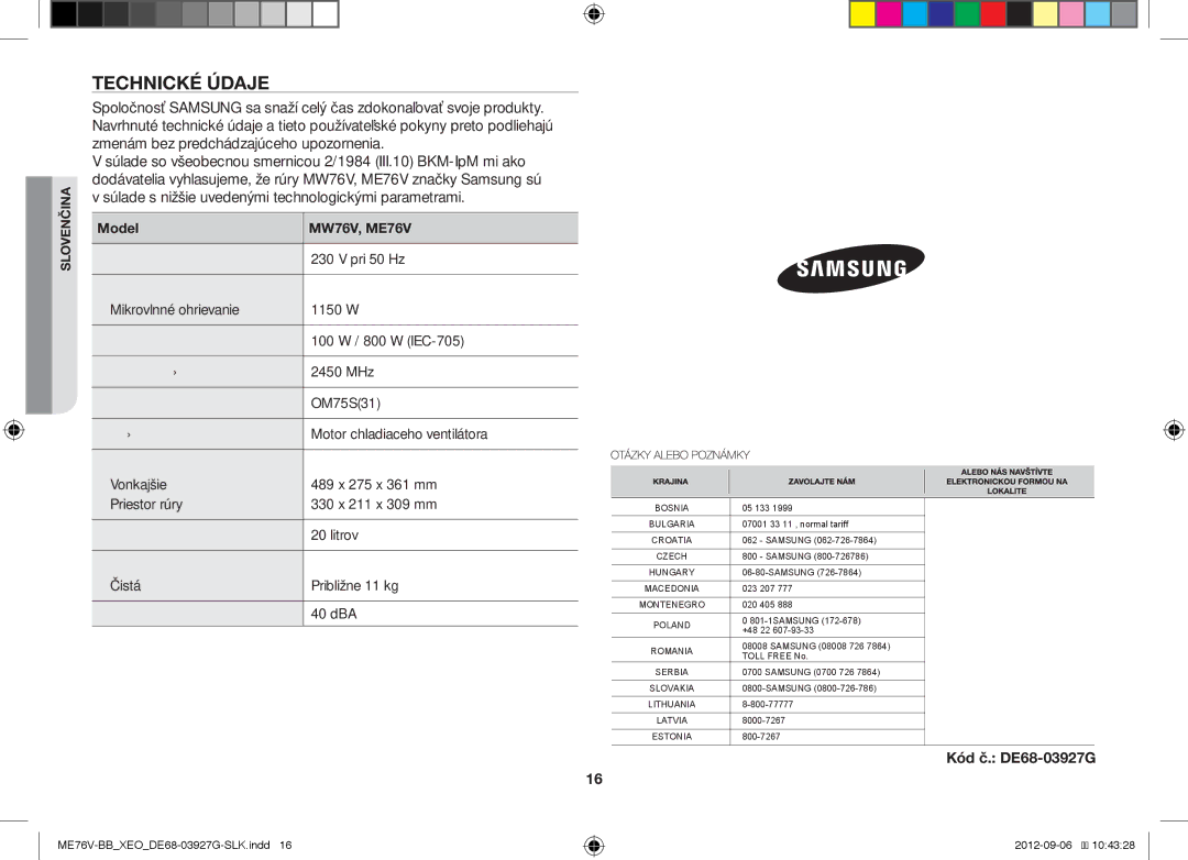 Samsung ME76V-BB/ELE, ME76V-BB/XEO manual Technické Údaje, Kód č. DE68-03927G 