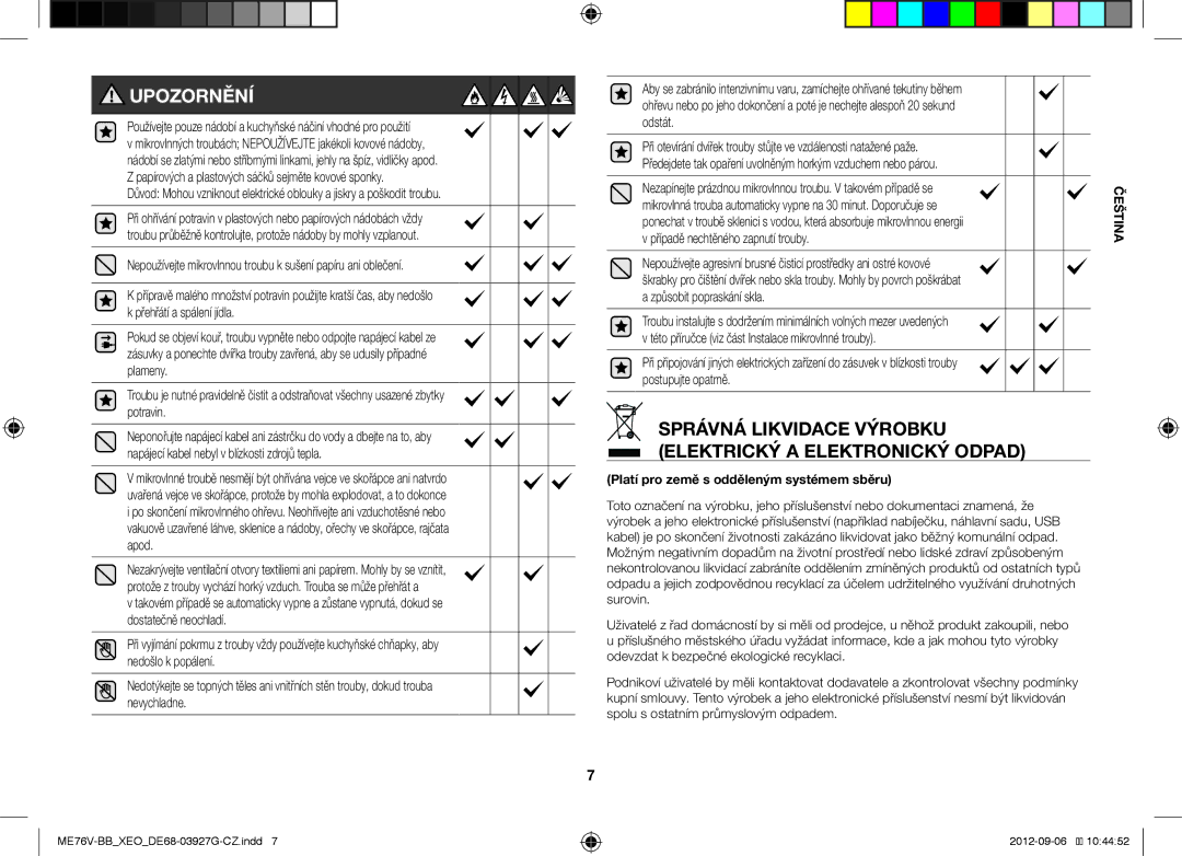 Samsung ME76V-BB/XEO, ME76V-BB/ELE manual Upozornění, Správná Likvidace Výrobku Elektrický a Elektronický Odpad 