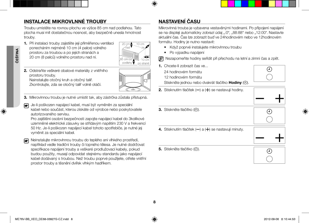 Samsung ME76V-BB/ELE, ME76V-BB/XEO manual Instalace Mikrovlnné Trouby, Nastavení Času, 20 cm 8 palců volného prostoru nad ní 