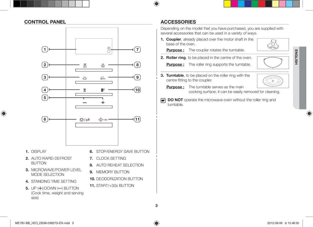 Samsung ME76V-BB/XEO, ME76V-BB/ELE manual Control Panel Accessories, UP /DOWN Button Cook time, weight and serving size 