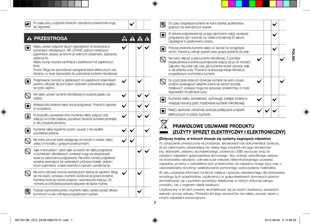 Samsung ME76V-BB/XEO, ME76V-BB/ELE manual Przestroga, Nie wolno włączać pustej kuchenki mikrofalowej. Z powodów 