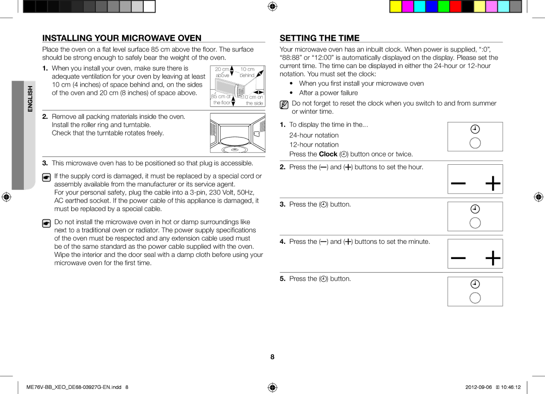 Samsung ME76V-BB/ELE, ME76V-BB/XEO manual Installing Your Microwave Oven, Setting the Time 