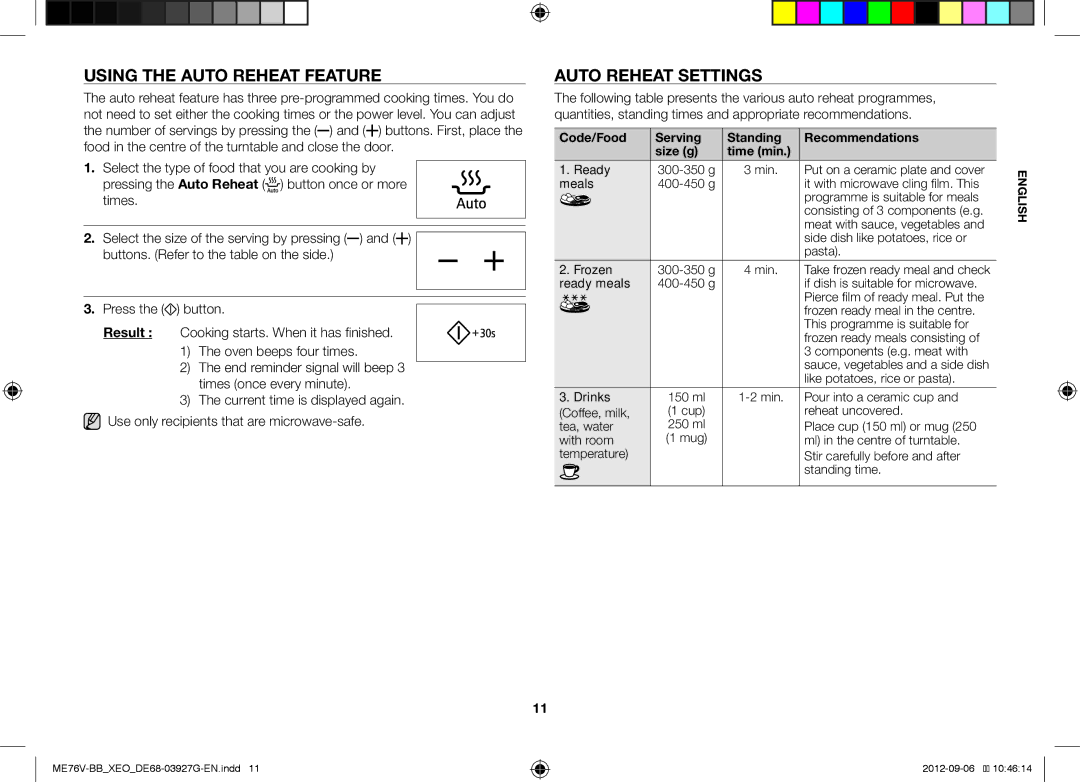 Samsung ME76V-BB/XEO, ME76V-BB/ELE manual Using the Auto Reheat Feature, Auto Reheat Settings 