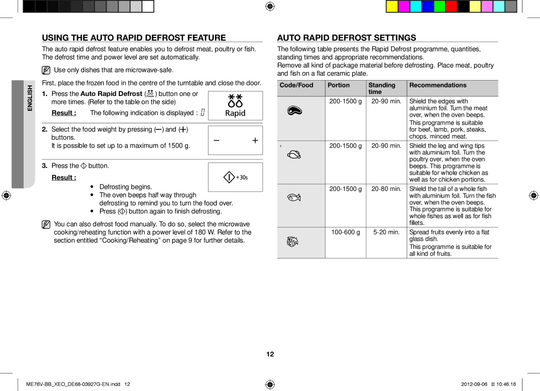 Samsung ME76V-BB/ELE, ME76V-BB/XEO manual Using the Auto Rapid Defrost Feature, Auto Rapid Defrost Settings, Result 