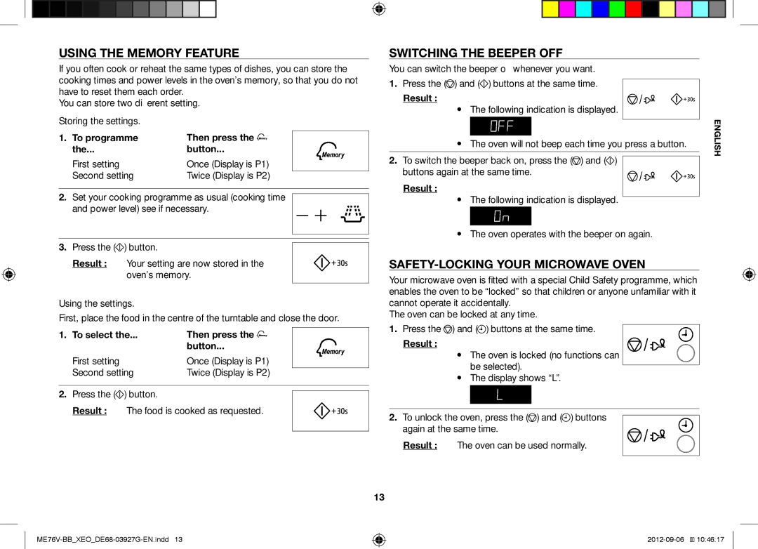 Samsung ME76V-BB/XEO, ME76V-BB/ELE Using the Memory Feature, Switching the Beeper OFF, SAFETY-LOCKING Your Microwave Oven 