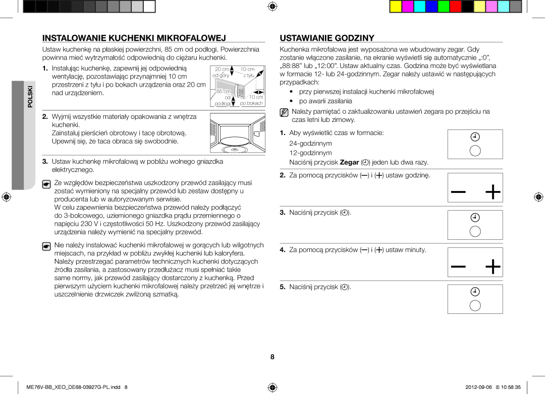 Samsung ME76V-BB/ELE, ME76V-BB/XEO manual Instalowanie Kuchenki Mikrofalowej, Ustawianie Godziny 