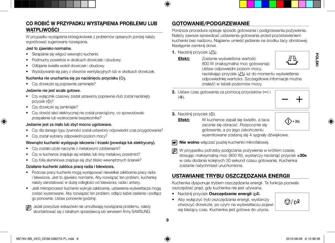 Samsung ME76V-BB/XEO, ME76V-BB/ELE manual CO Robić W Przypadku Wystąpienia Problemu LUB Wątpliwości, Gotowanie/Podgrzewanie 