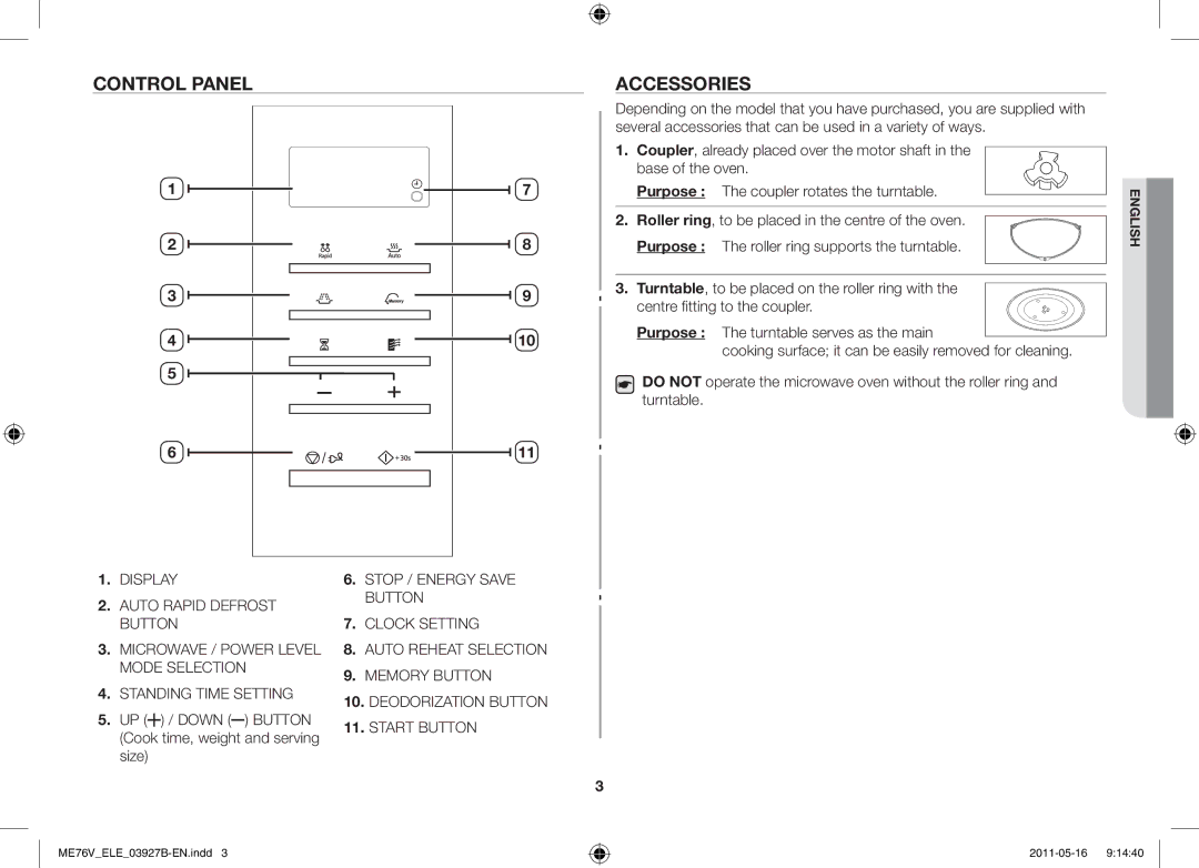 Samsung ME76V-BB/ELE manual Control panel Accessories, UP / Down Button Cook time, weight and serving size, Purpose 