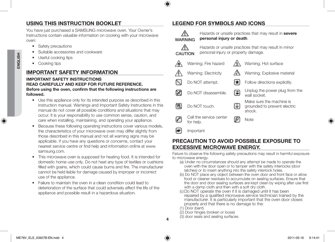 Samsung ME76V-BB/ELE manual Using this instruction booklet, Important Safety Information 