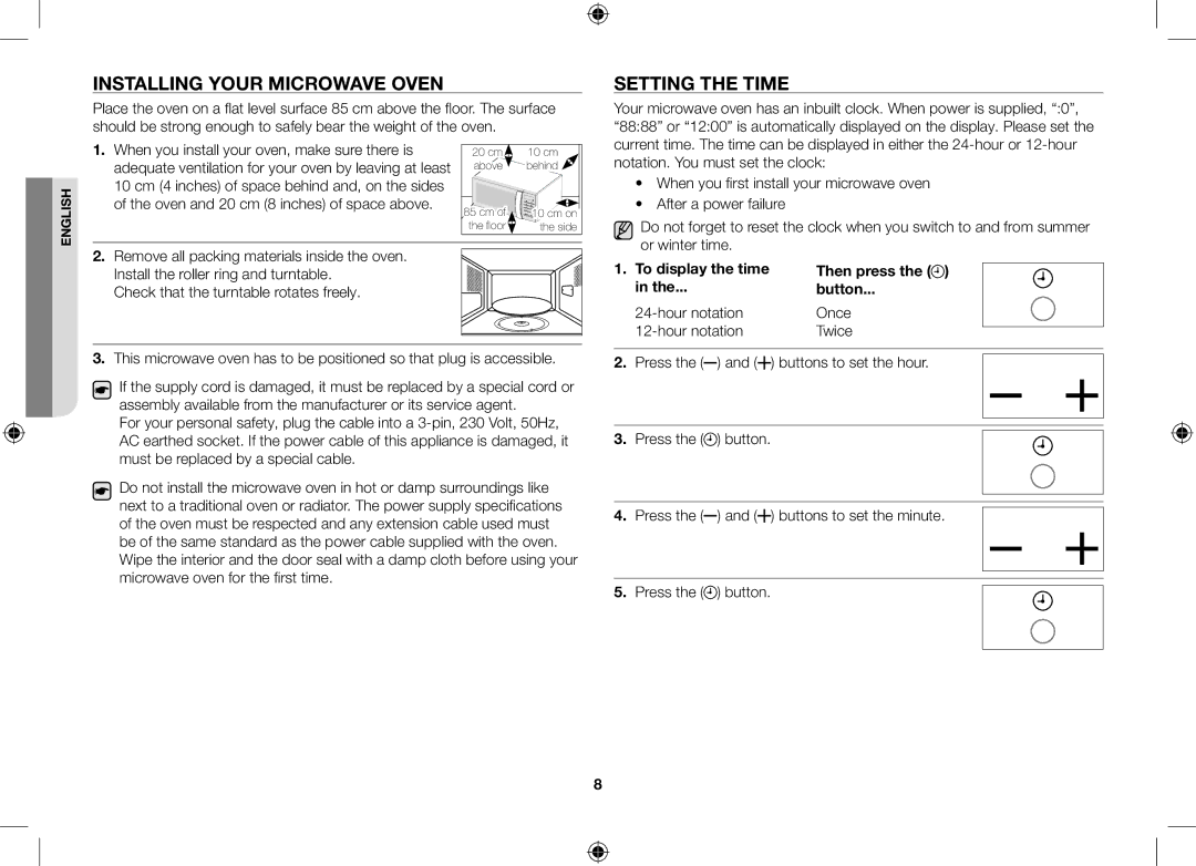 Samsung ME76V-BB/ELE manual Installing your microwave oven, Setting the time, Then press Button 