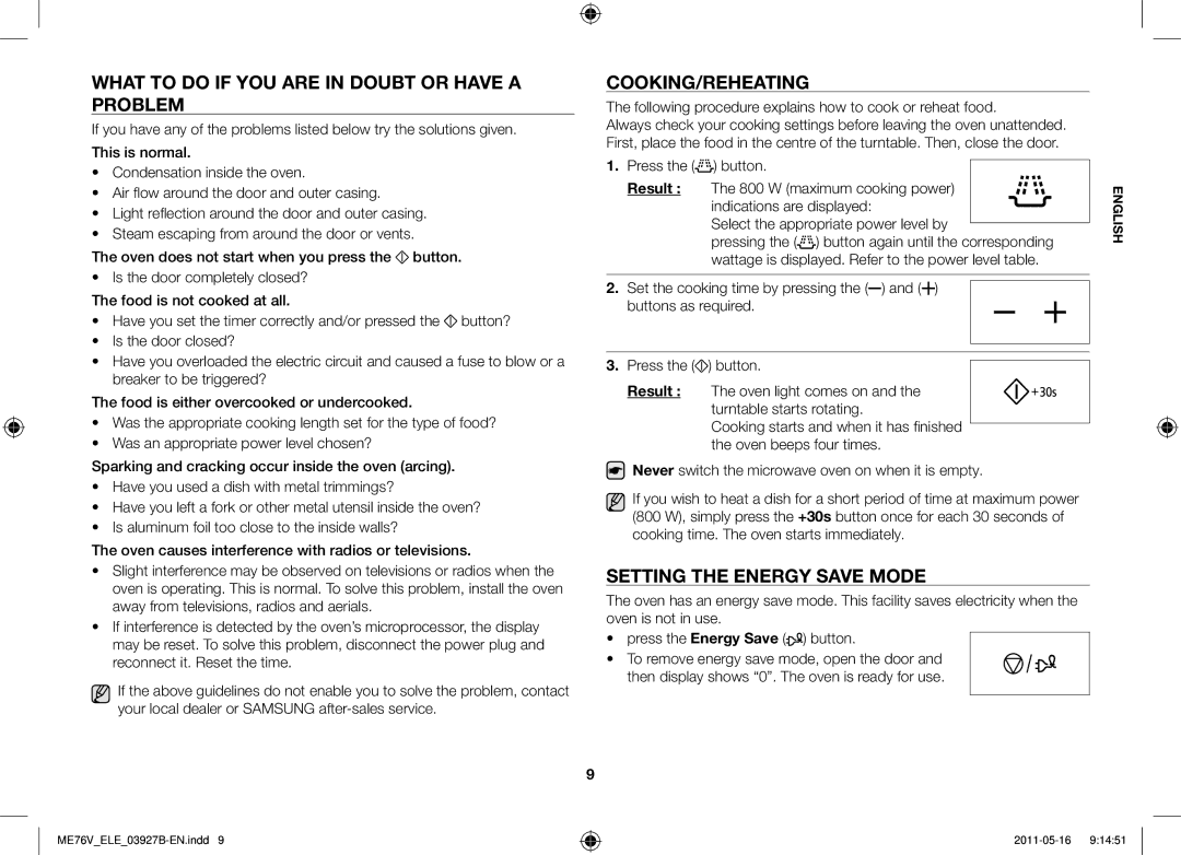 Samsung ME76V-BB/ELE What to do if you are in doubt or have a problem, Cooking/Reheating, Setting the energy save mode 