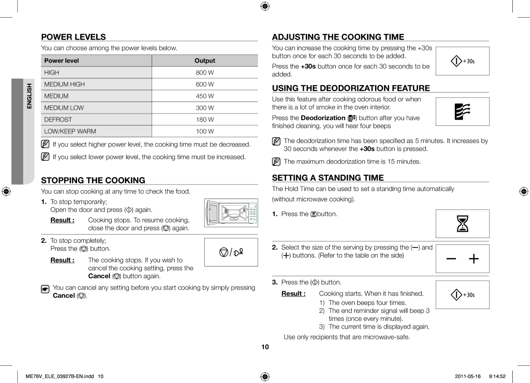 Samsung ME76V-BB/ELE manual Power levels, Stopping the cooking, Adjusting the cooking time, Using the deodorization feature 