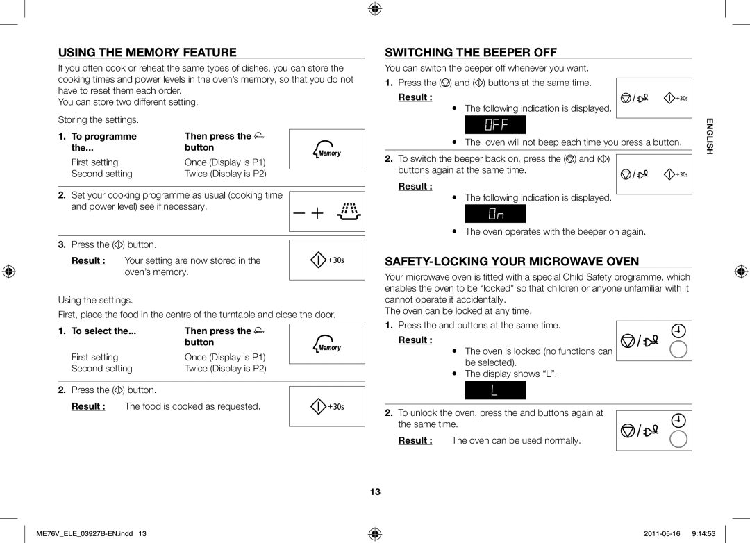 Samsung ME76V-BB/ELE manual Using the memory feature, Switching the beeper off, Second setting 