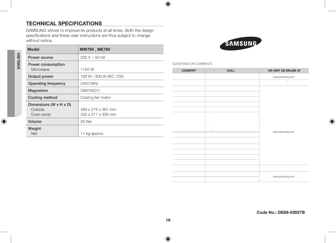 Samsung ME76V-BB/ELE manual Technical specifications, Code No. DE68-03927B, Model MW76V , ME76V 