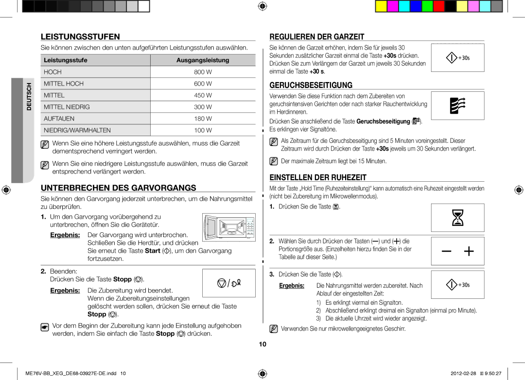 Samsung ME76V-SS/XEG manual Leistungsstufen, Unterbrechen DES Garvorgangs, Regulieren DER Garzeit, Geruchsbeseitigung 