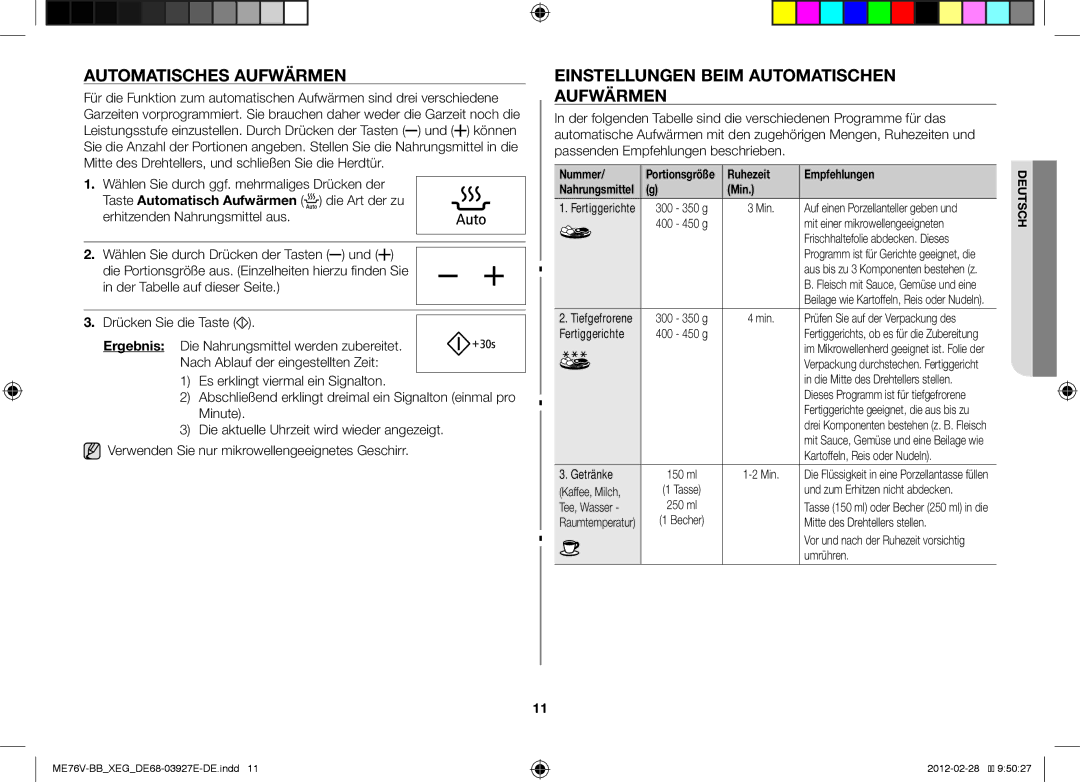 Samsung ME76V-BB/XEG Automatisches Aufwärmen, Einstellungen Beim Automatischen Aufwärmen, Erhitzenden Nahrungsmittel aus 