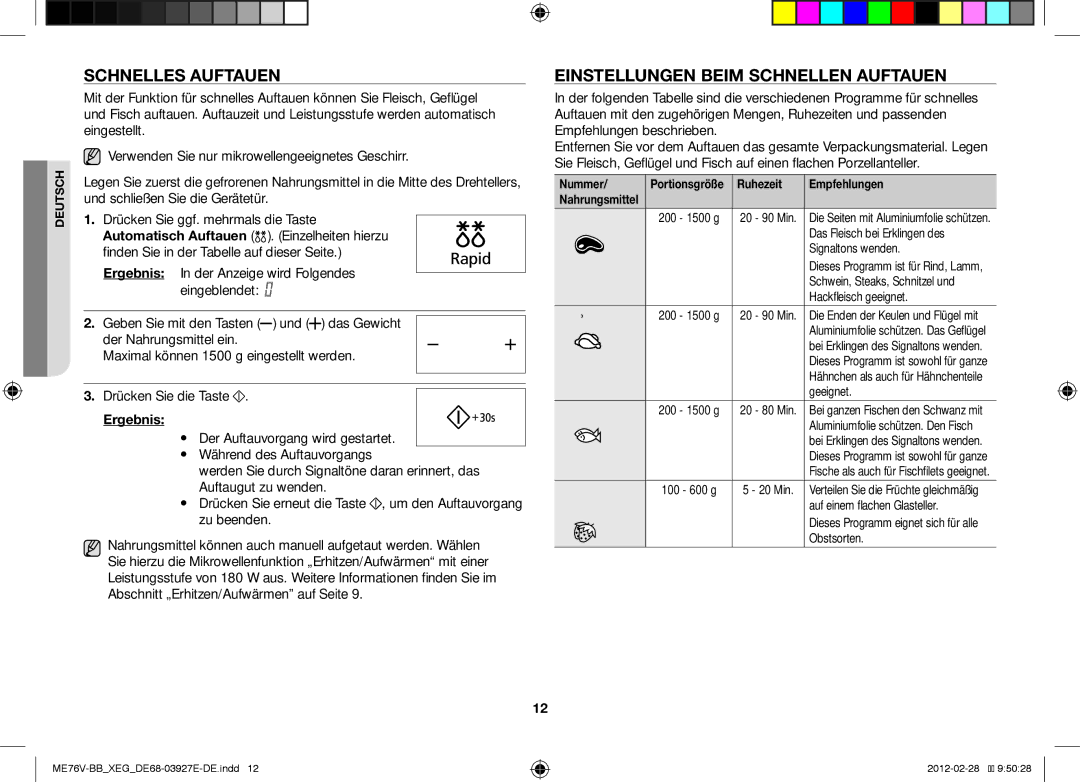 Samsung ME76V-SS/XEG, ME76V-BB/XEG manual Schnelles Auftauen, Einstellungen Beim Schnellen Auftauen, Ergebnis 