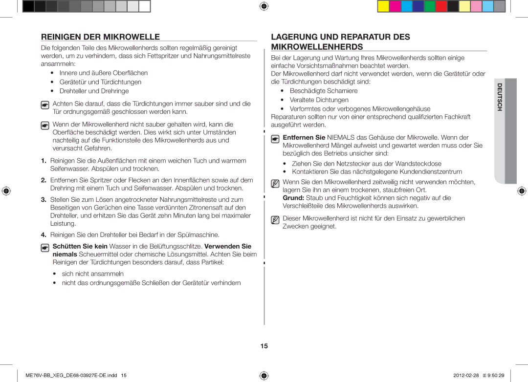 Samsung ME76V-BB/XEG, ME76V-SS/XEG manual Reinigen DER Mikrowelle, Lagerung UND Reparatur DES Mikrowellenherds 