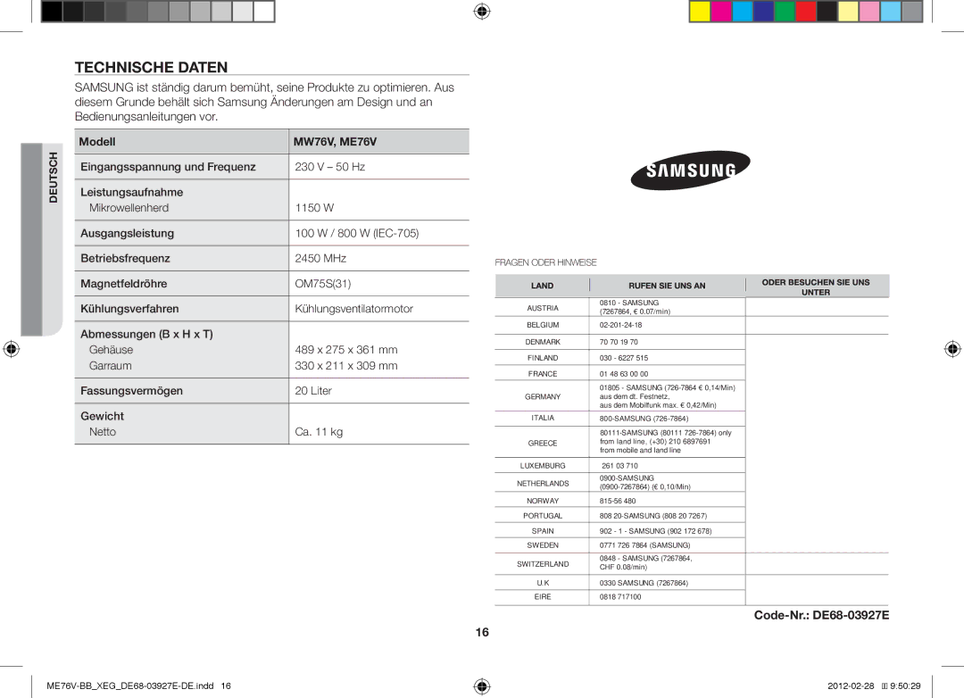 Samsung ME76V-SS/XEG, ME76V-BB/XEG manual Technische Daten, Code-Nr. DE68-03927E, Modell MW76V, ME76V 