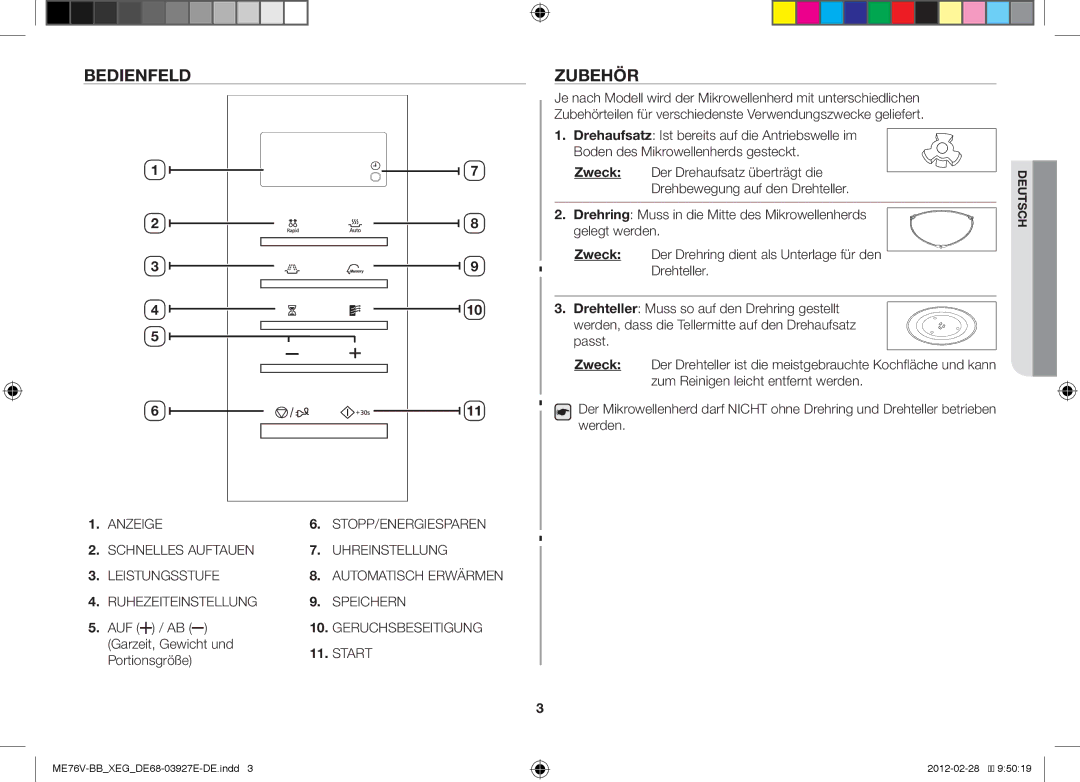 Samsung ME76V-BB/XEG, ME76V-SS/XEG manual Bedienfeld, Zubehör 