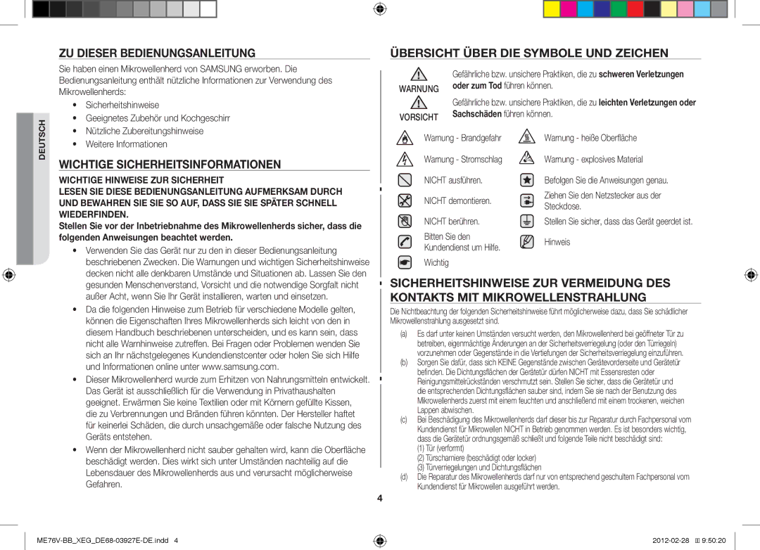 Samsung ME76V-SS/XEG, ME76V-BB/XEG manual ZU Dieser Bedienungsanleitung, Übersicht Über DIE Symbole UND Zeichen 