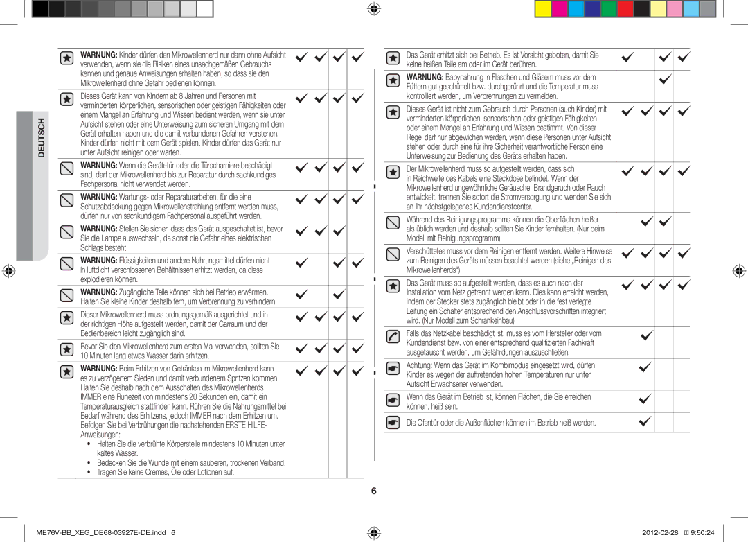 Samsung ME76V-SS/XEG, ME76V-BB/XEG manual Tragen Sie keine Cremes, Öle oder Lotionen auf 