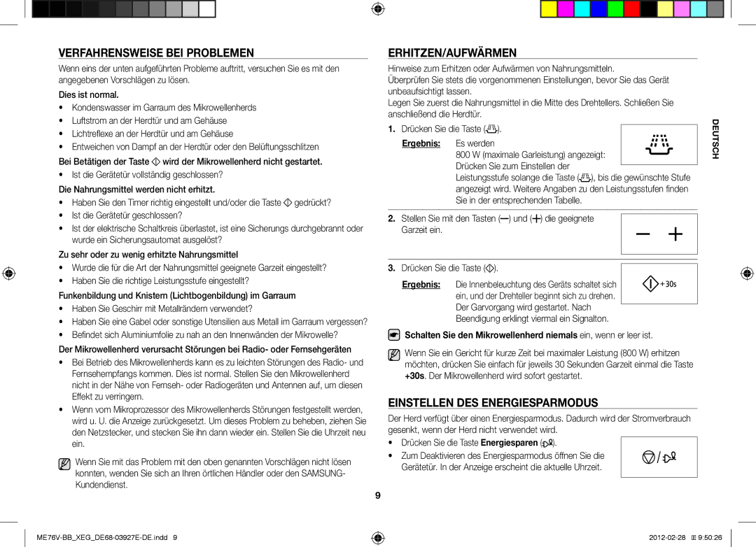 Samsung ME76V-BB/XEG, ME76V-SS/XEG manual Verfahrensweise BEI Problemen, Erhitzen/Aufwärmen, Einstellen DES Energiesparmodus 