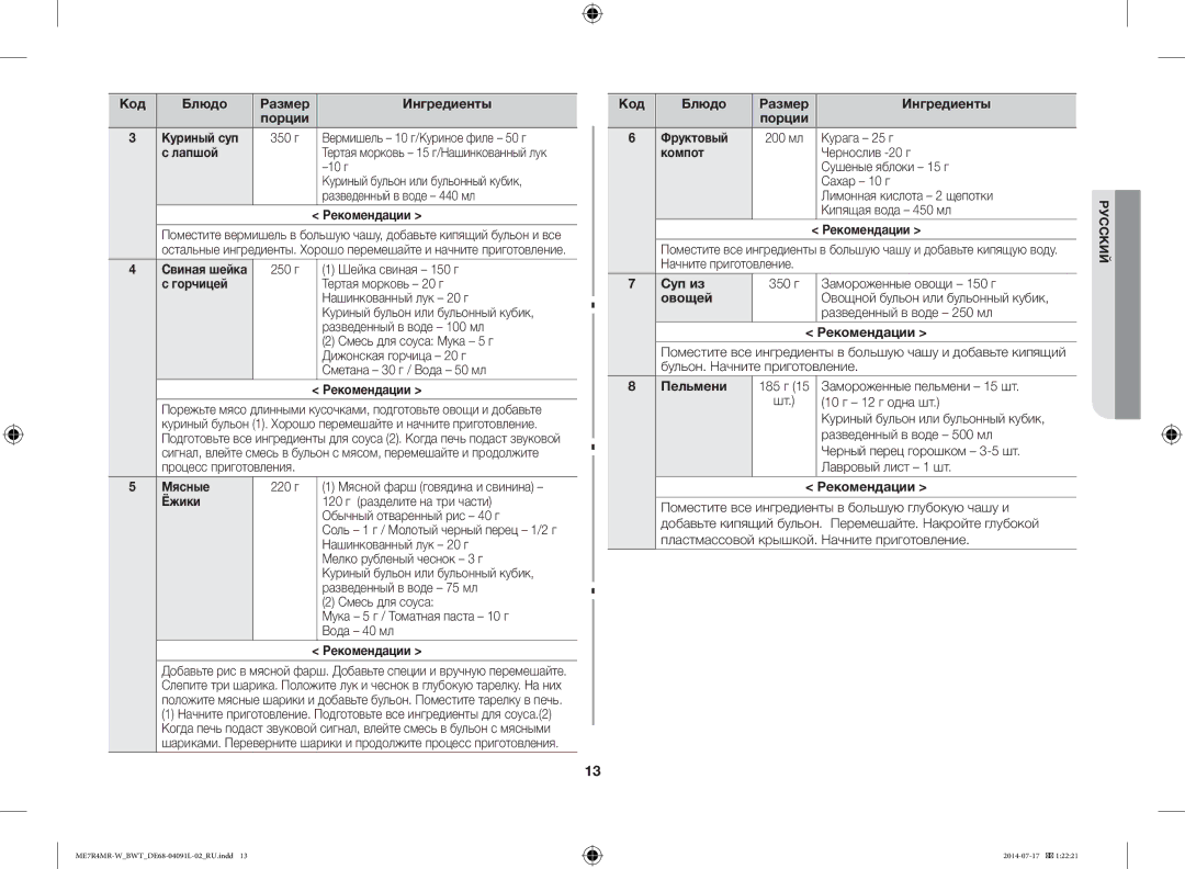 Samsung ME7R4MR-W/BWT Код Блюдо Размер Ингредиенты Порции Куриный суп, Лапшой, Горчицей, Мясные, Ёжики, Компот, Суп из 