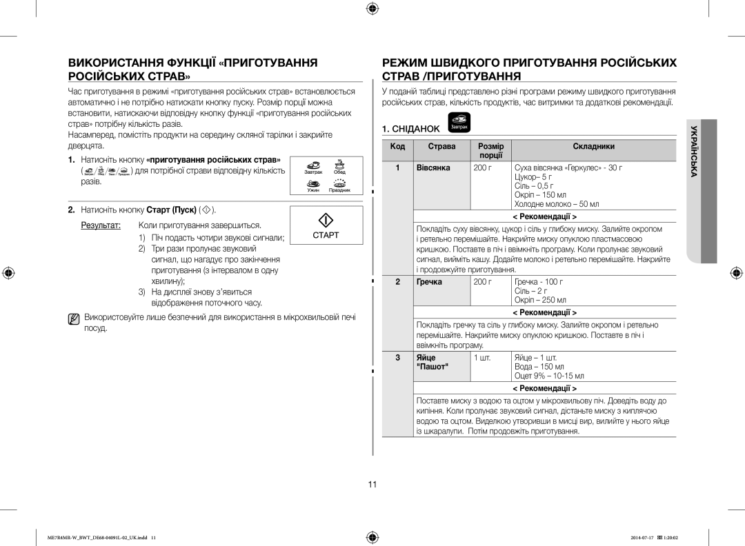 Samsung ME7R4MR-W/BWT manual Використання Функції «ПРИГОТУВАННЯ Російських СТРАВ», Сніданок 