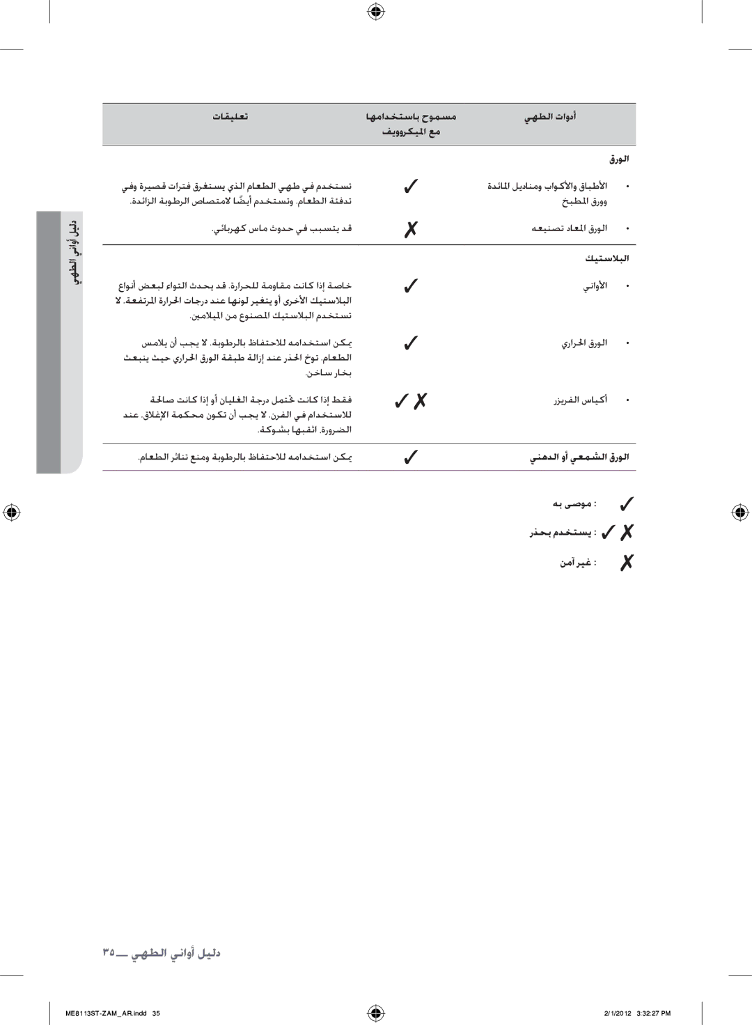 Samsung ME8113ST/ZAM manual 35 دليل أواني الطهي 