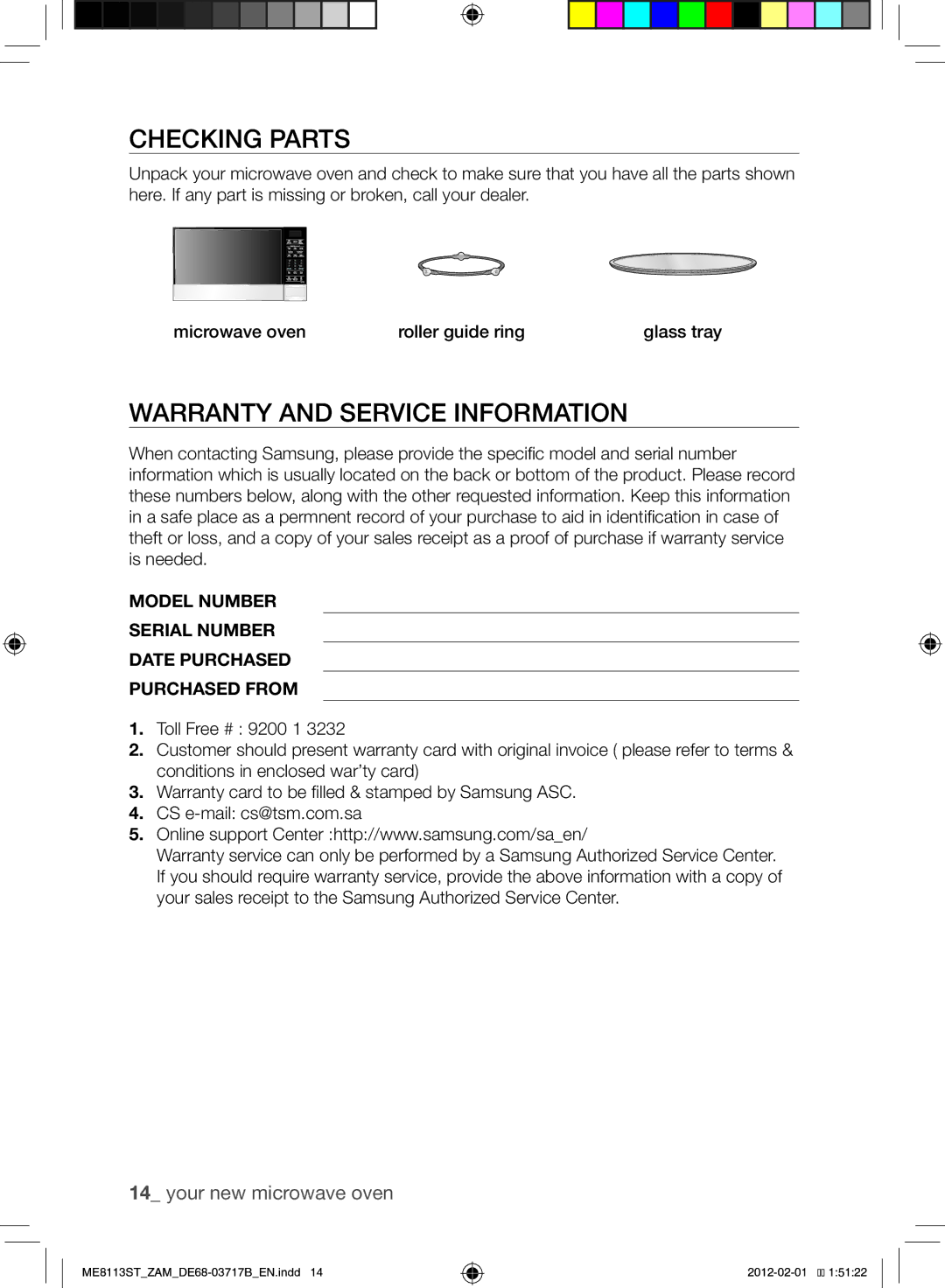 Samsung ME8113ST/ZAM manual Checking Parts, Warranty and Service Information 