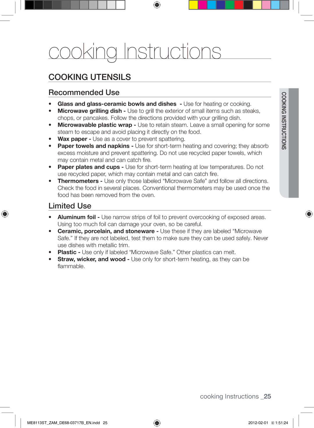 Samsung ME8113ST/ZAM manual Cooking Instructions, Cooking Utensils, Recommended Use, Limited Use 