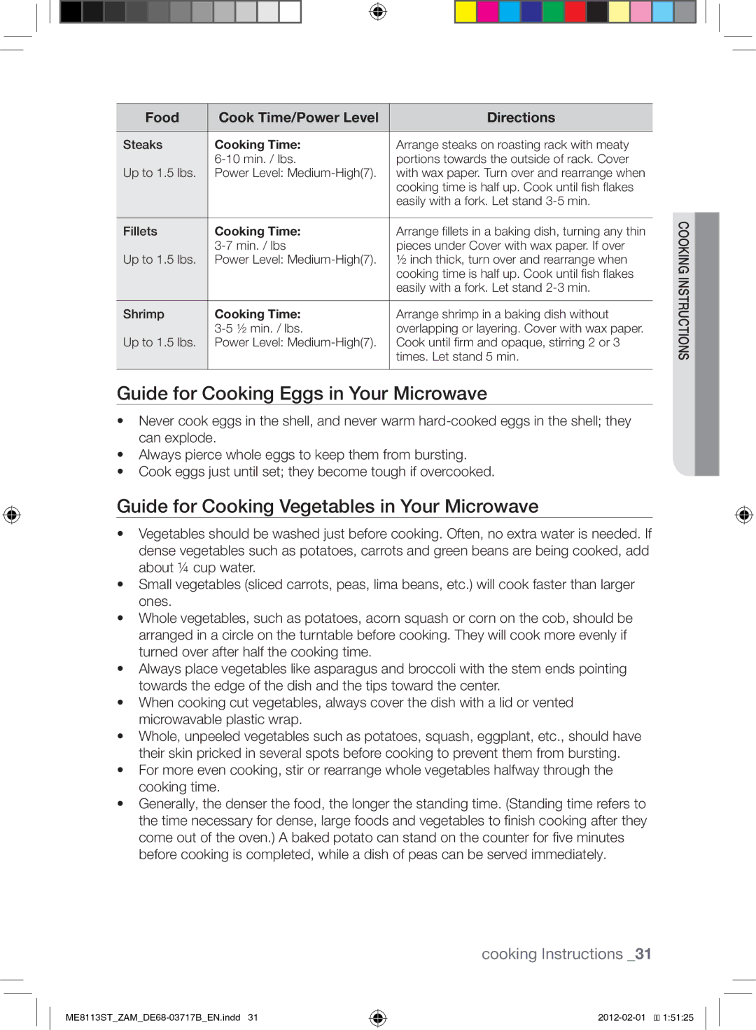 Samsung ME8113ST/ZAM manual Guide for Cooking Eggs in Your Microwave, Guide for Cooking Vegetables in Your Microwave 