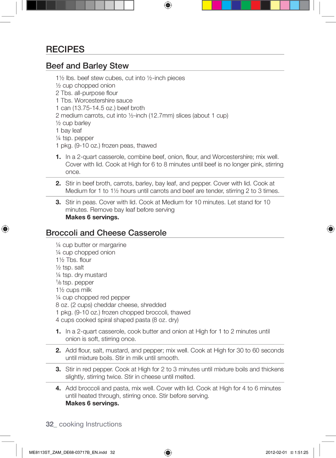 Samsung ME8113ST/ZAM manual Recipes, Beef and Barley Stew, Broccoli and Cheese Casserole, Makes 6 servings 