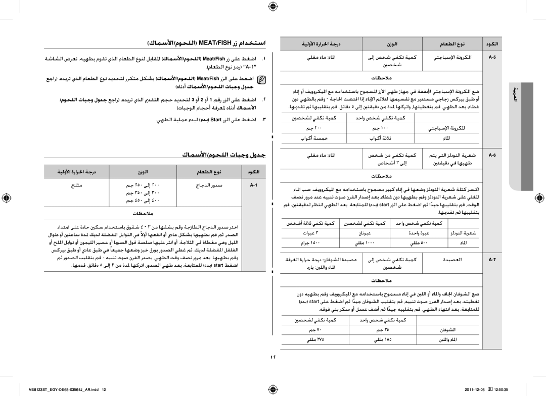 Samsung ME8123ST/ATH manual كامسلأا/موحللا Meat/Fish رز مادختسا, كامسلأا/موحللا تابجو لودج, ماعطلا عون زمر A-1 