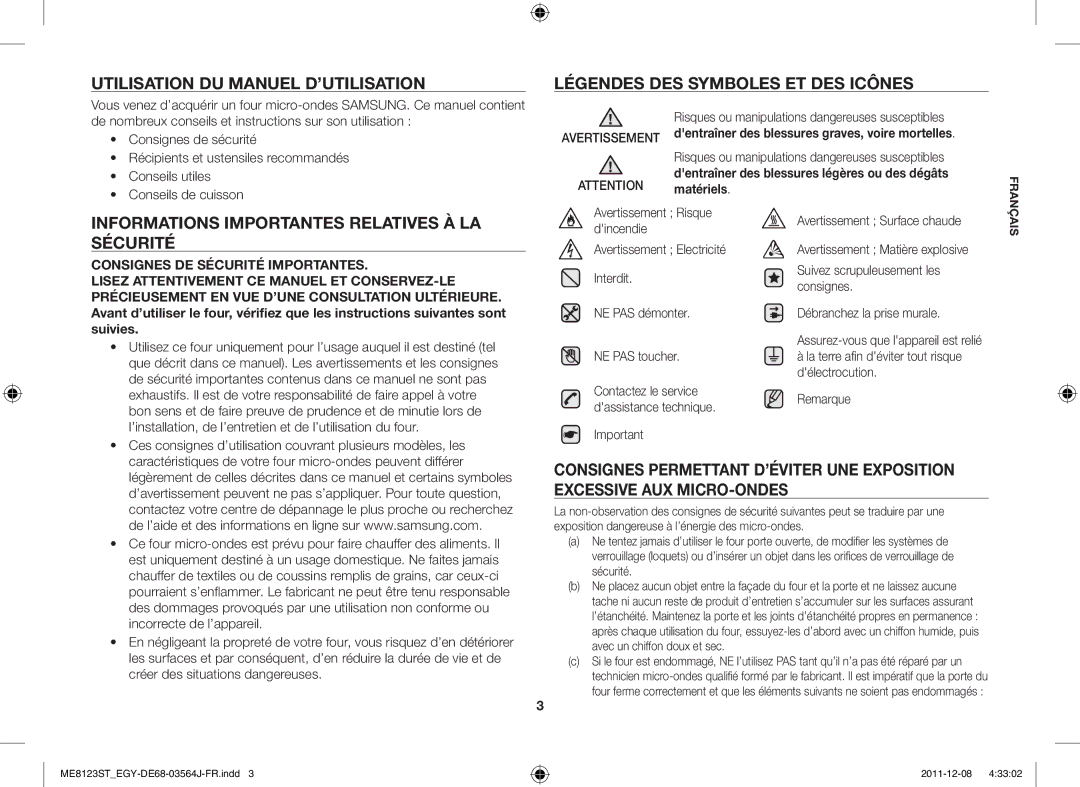 Samsung ME8123ST/ATH Informations Importantes Relatives À LA Sécurité, Dentraîner des blessures graves, voire mortelles 