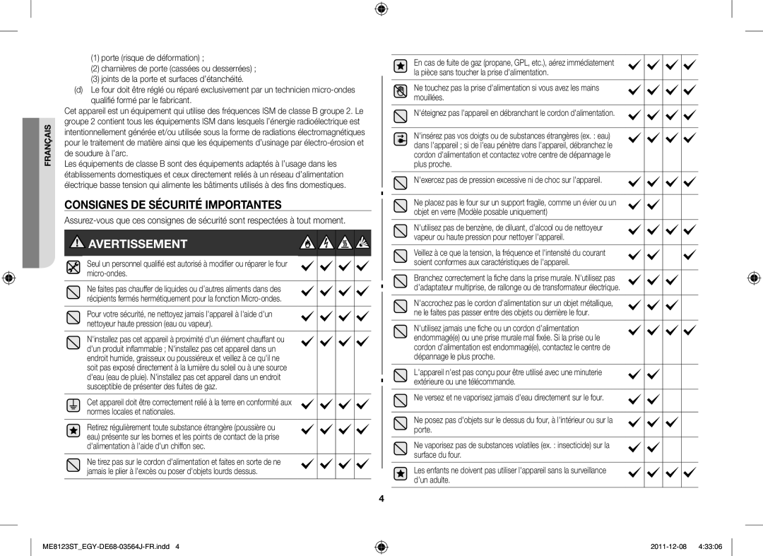 Samsung ME8123ST/ATH manual Consignes DE Sécurité Importantes, Nexercez pas de pression excessive ni de choc sur lappareil 