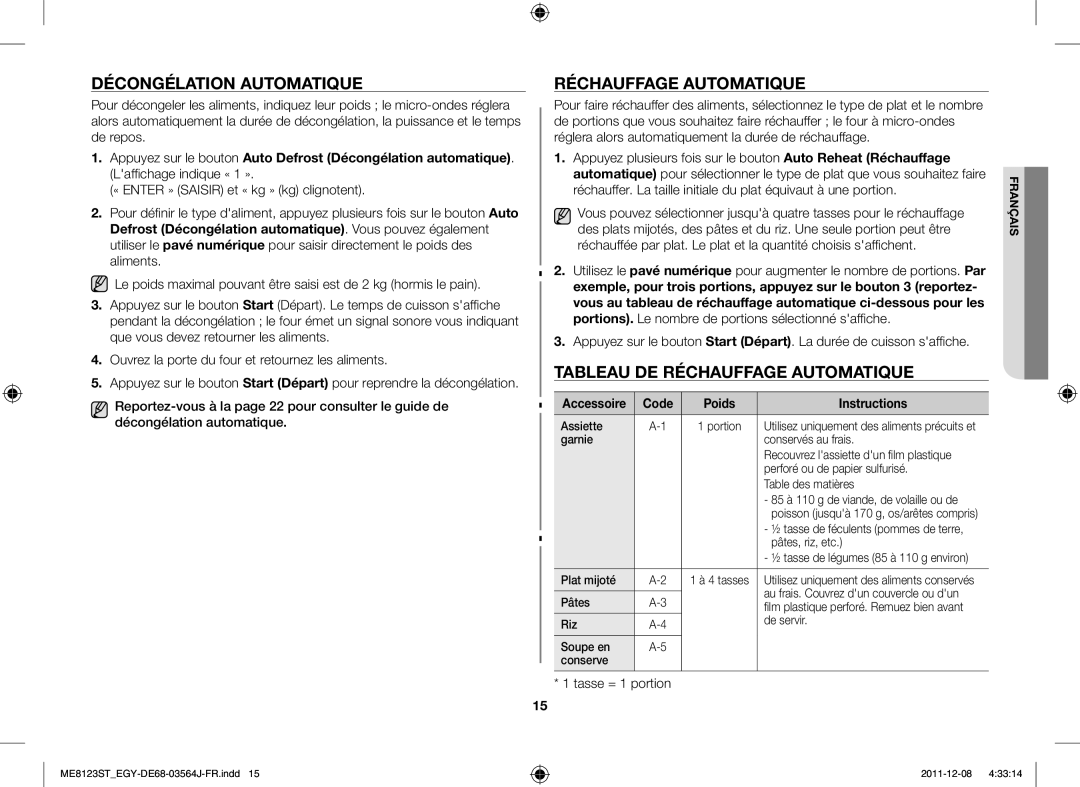 Samsung ME8123ST/ATH manual Décongélation Automatique Réchauffage Automatique, Tableau DE Réchauffage Automatique 