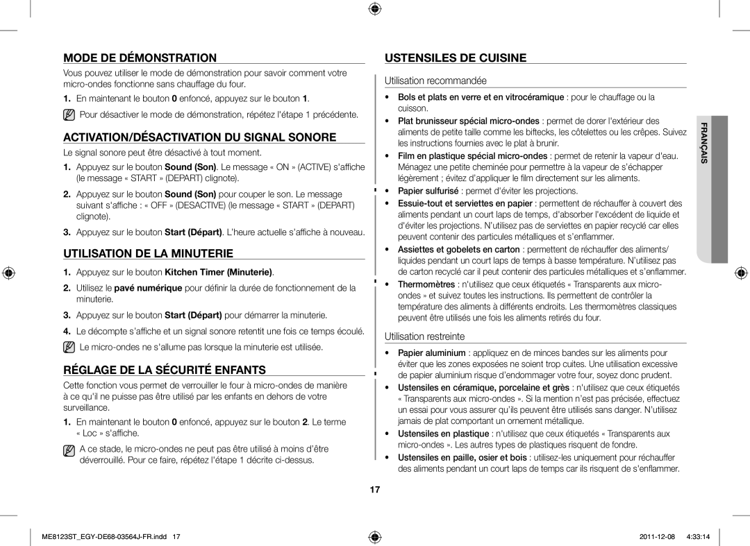 Samsung ME8123ST/ATH manual Mode DE Démonstration, ACTIVATION/DÉSACTIVATION DU Signal Sonore, Utilisation DE LA Minuterie 